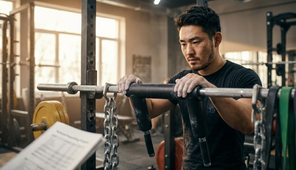 「HPSトレーニングの停滞を克服するため、Determined and focusedな表情で特殊なセーフティスクワットバー（Specialty powerlifting barbell）の機能を調べる男性パワーリフター（image_10.pngの男性と同じ）。 Determined looking to overcome his stagnation. His chalk-dusted hands are on the bar。ラックのセーフティピンの高さを調整している（implied action）。周囲にはスクワットチェーンやレジスタンスバンドがある。大きな窓から柔らかく希望に満ちた光が差し込み、埃を照らし、彼の顔と手を照らす。Determined expression of active problem-solving。文字は一切見えない。ジム内部。ミディアムクローズアップ。