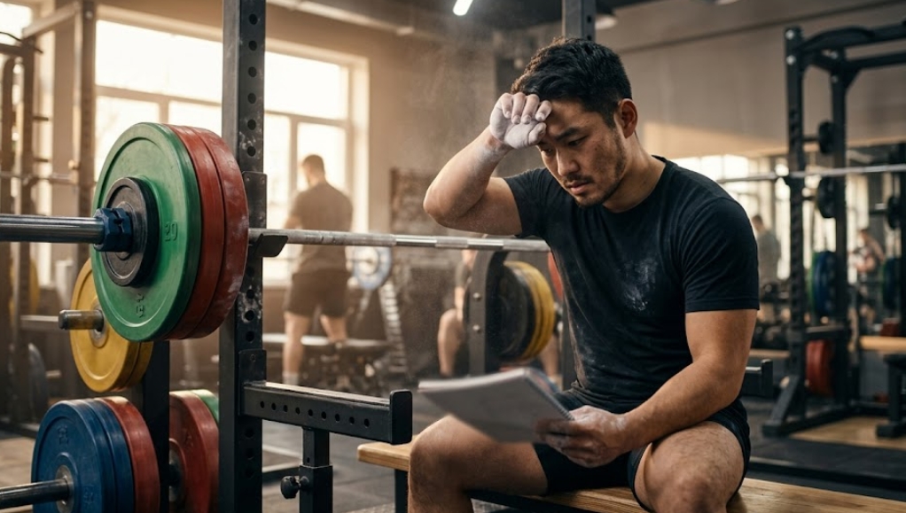 モダンな筋力トレーニングジムで、重いバーベルが置かれたベンチに座り、少し悩んでいる（または考え込んでいる）様子の日本人トレーニー。HPSトレーニングによる筋肥大や筋力アップの停滞期（プラトー）に直面し、効果に疑問を持っている様子を表現したイメージ。画像内に文字は一切なし。