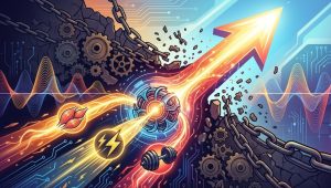 中央に配置された光る生体融合エンジンが、筋肥大（オレンジ）、パワー（黄）、筋力（赤）を象徴する3本のエネルギー流を統合し、強力な上昇矢印となって、鎖と古い歯車で構成された停滞の壁を突き破るダイナミックな現代イラスト。背景にはDUPの複雑な波形とデジタル回路パターン。