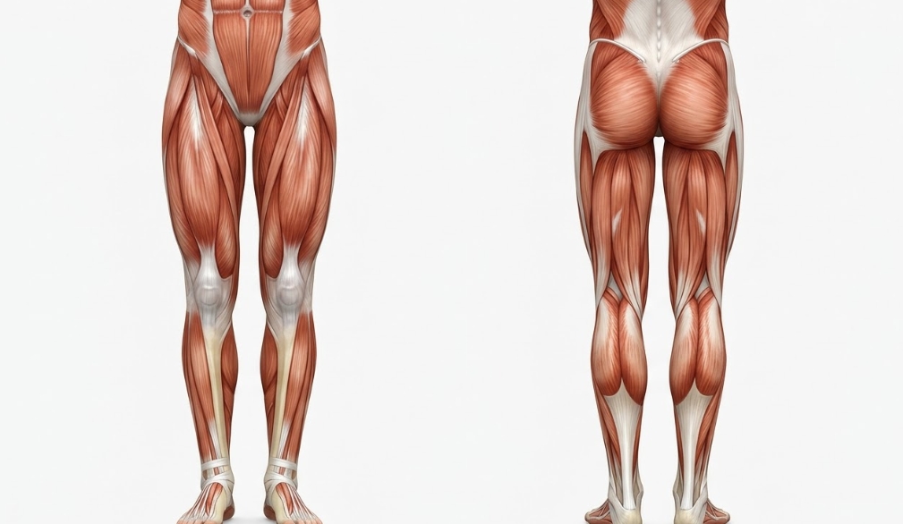 人間の下半身の筋肉の詳細な解剖学的イラスト。前面（左）と後面（右）の両方の視点を並べて、大腿部、臀部、ふくらはぎ、足の主要な筋群を表示。テキストなし。