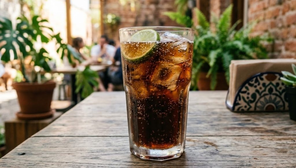 カフェのパティオの木製テーブルに、氷とライムの輪切りが入った、炭酸の効いたコーラのグラス。レンガの壁、鉢植えの植物、食事をする人々の姿が背景にぼやけて見えている。