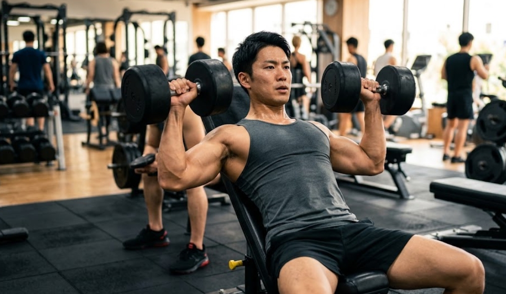 明るいフィットネスジムで、グレーのタンクトップを着た筋肉質な日本人男性が、インクラインベンチに座ってダンベルショルダープレスを行っている。背景にはぼかされた他の利用者やジム機器がある。