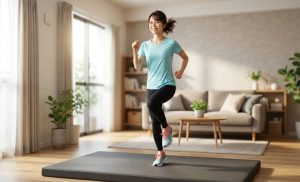明るい日本のリビングルームで、厚手のトレーニングマットの上で、笑顔でその場ジョギング（定位置ランニング）をするフィットネスウェア姿の日本人女性。
