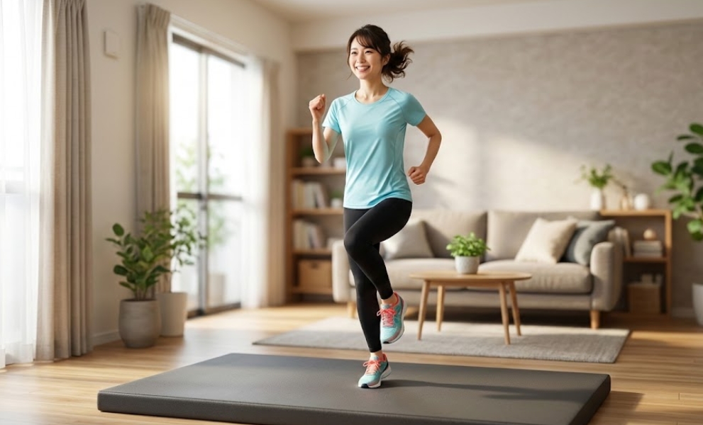 明るい日本のリビングルームで、厚手のトレーニングマットの上で、笑顔でその場ジョギング（定位置ランニング）をするフィットネスウェア姿の日本人女性。
