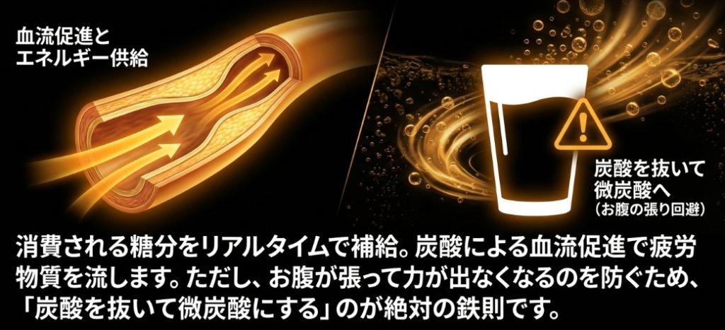 運動中は消費される糖分をリアルタイムで補給し血流を促進するため、お腹の張りを回避する「炭酸抜き」が鉄則であることを示すスライド