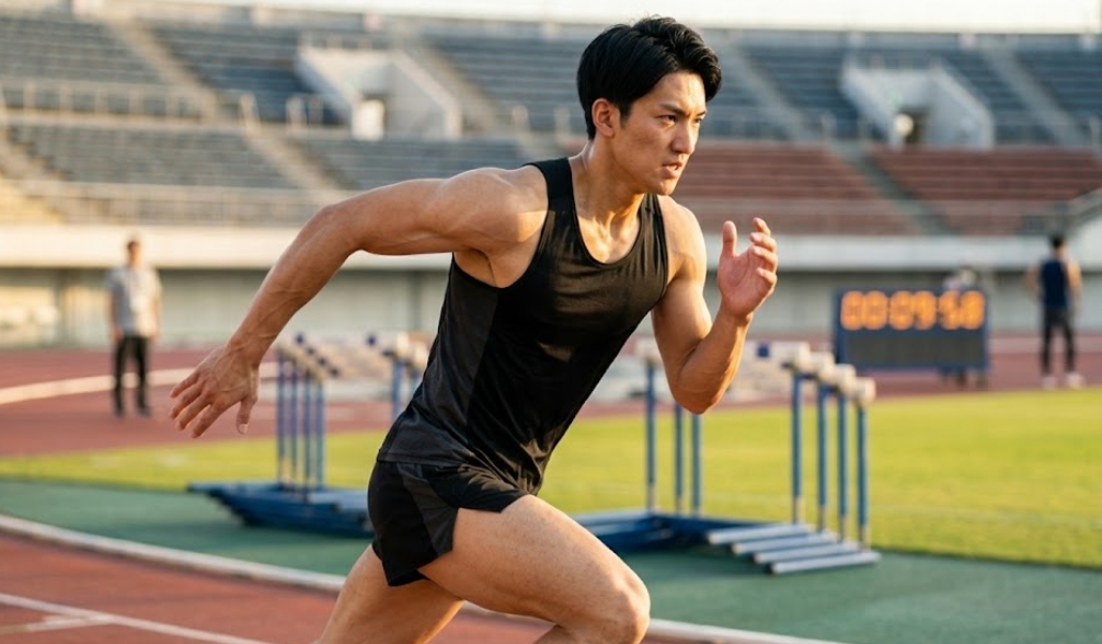 夕暮れの陸上競技場で、真剣な表情で疾走する若い日本人男性アスリート。黒いランニングウェア（タンクトップ、ショーツ）を着用し、一歩を踏み出す瞬間の筋肉の vascularity（血管）と定義（ストライエーション）が、温かい夕日で際立っている。背景には、ゴールデンアワーの光に照らされたトラック、スタジアムの観客席、デジタル時計、そして遠くに数人の人影がぼやけて写っている。