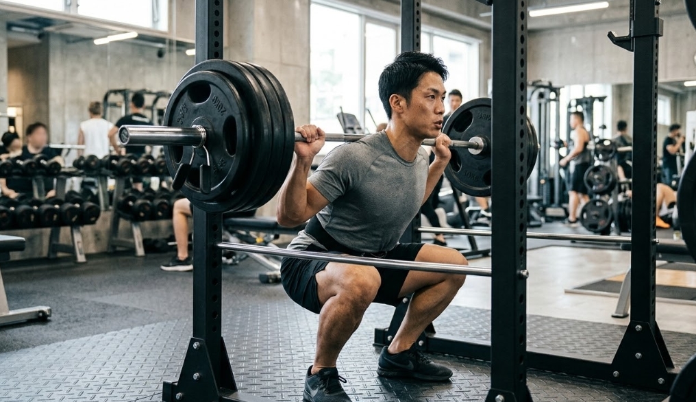 パワーラックの中で、バーベルを肩に担いでスクワットをしている若いアジア人男性。彼はグレーのTシャツと黒のショートパンツを着用しており、真剣な表情をしている。背景は明るいジムで、鏡や窓、他の利用者が写っている。