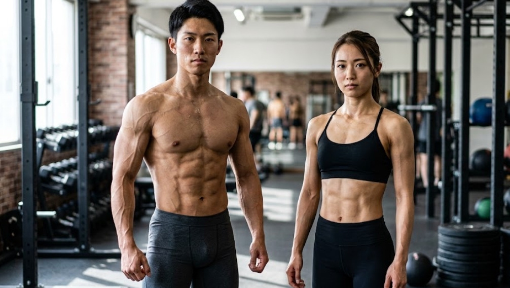 ジムで真剣に立つ、非常に低い体脂肪率で筋肉定義と血管が際立つ日本人ペア