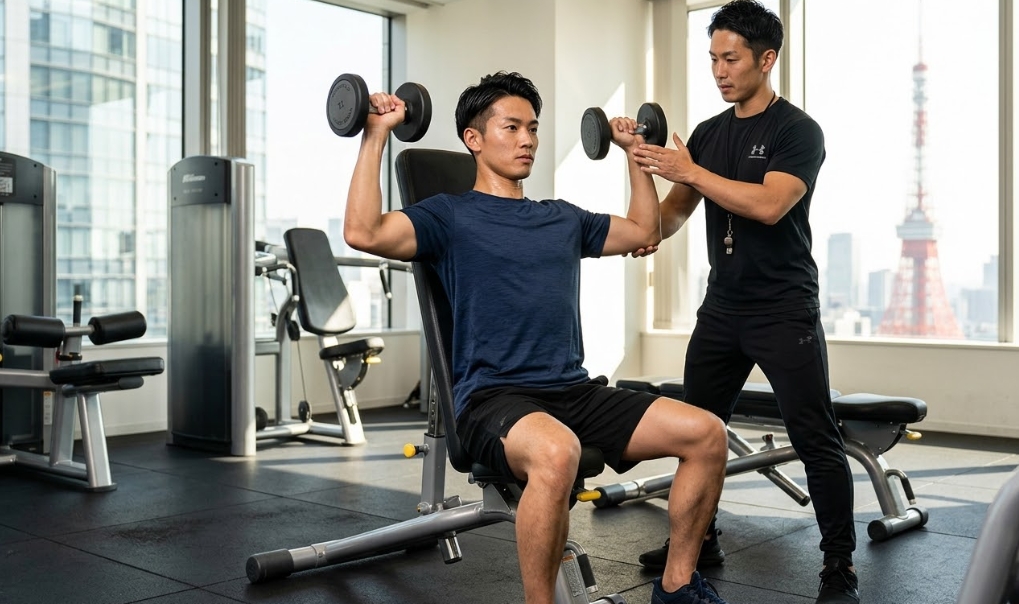 東京都港区にある高級でモダンなジム。大きな窓から柔らかい日差しが差し込み、遠くに東京タワーとオフィスビルがぼんやりと見える。日本人の男性トレーナー（30代後半、黒いジムTシャツとトラックパンツ、ホイッスルを首から下げている）が、日本人男性のトレーニー（30代、ネイビーの速乾Tシャツと黒いショートパンツ）に、シーテッド・ダンベル・ショルダープレスのフォームをマンツーマンで指導している。トレーニーは調整可能なウェイトベンチに座り、ダンベルを頭上に押し上げており、トレーナーは彼のすぐ右側に立ち、フォームの修正と補助のためにダンベルに手を添えて見守っている。周囲には最新の筋トレ器具が並んでいる。トレーニーの肌には汗が光り、集中した表情をしている。自然光。