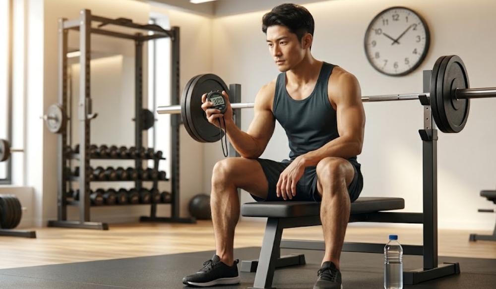 タンクトップを着た筋肉質の日本人男性トレーニーが、ジムのベンチプレスに座って休憩している。彼は手にデジタルストップウォッチを持ち、時間をチェックしている。背景にはパワーラック、ダンベルラック、掛け時計、水筒が見える。