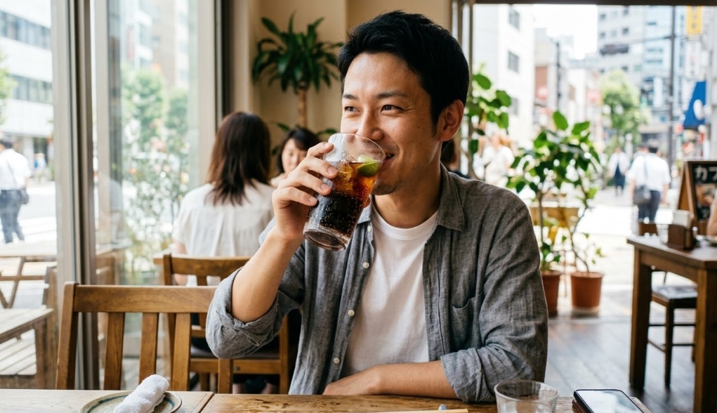 明るいカフェで、木製のテーブルに座り、ガラスに入った氷とライム入りのコーラを飲んでいる日本人男性。彼はグレーのシャツを着ており、笑顔で外を見ている。背景には、大きな窓、他のぼやけた客、鉢植えの植物、そして外の街並みが見える。テーブルには箸、おしぼり、スマートフォンがある。