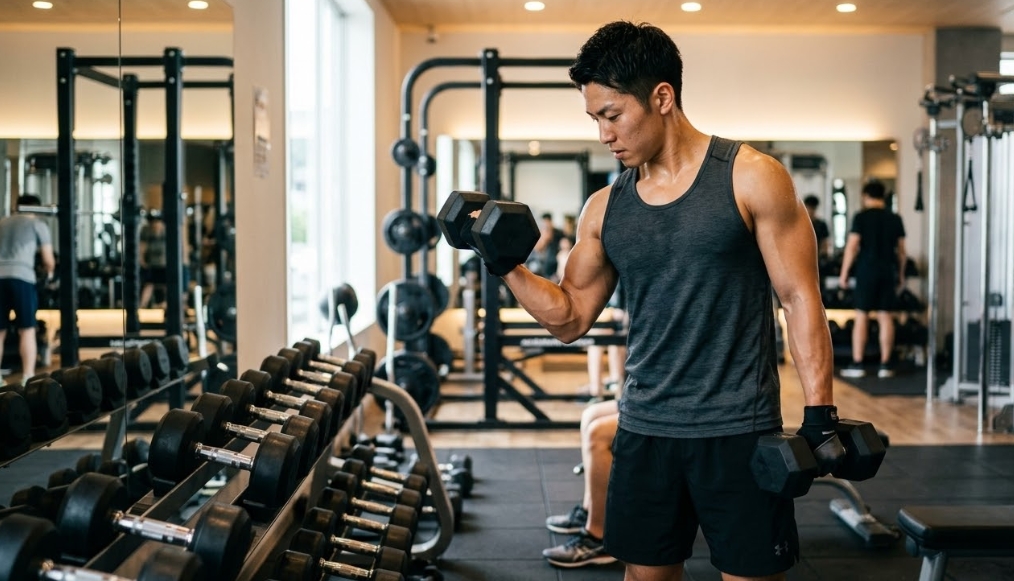 明るいジムで、グレーのタンクトップを着た筋肉質な日本人男性が、右手にダンベルを持ちダンベルカールをしている。背景には鏡、他のトレーニング器具、他の利用客が見える。