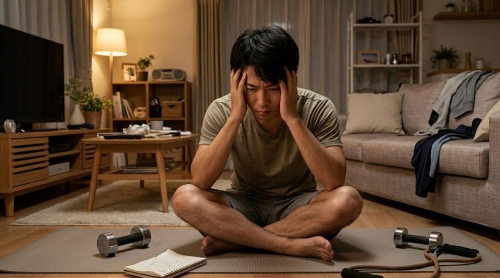 自宅トレーニングに挫折し、リビングで頭を抱えて落ち込む日本人男性の姿。ヨガマットの上にはダンベル、ノート、トレーニングチューブが置かれている。