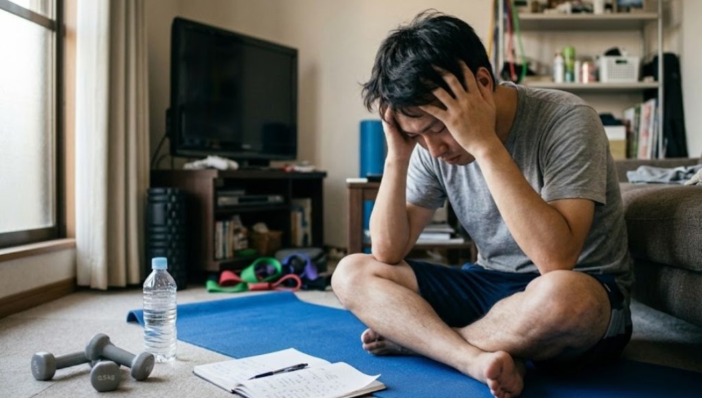 自宅のリビングで、青いヨガマットの上に座り、両手で頭を抱えて落胆している若い日本人男性。彼の前にはダンベル、ペットボトルの水、開いたノートとペンが置かれている。挫折感を表現。