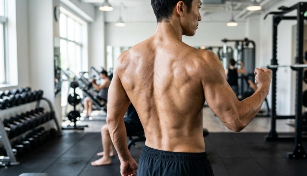 明るいフィットネスジムで、上半身裸の筋肉質な日本人男性が背中を向けて立ち、右手を曲げて力こぶを作るポーズをとっている。彼の背筋と上腕の筋肉は非常に発達しており、窓から差し込む自然光に照らされている。背景にはダンベルラックやパワーラック、そしてトレーニング中の他の男性2人がぼんやりと見え、床は黒いマットが敷かれている。