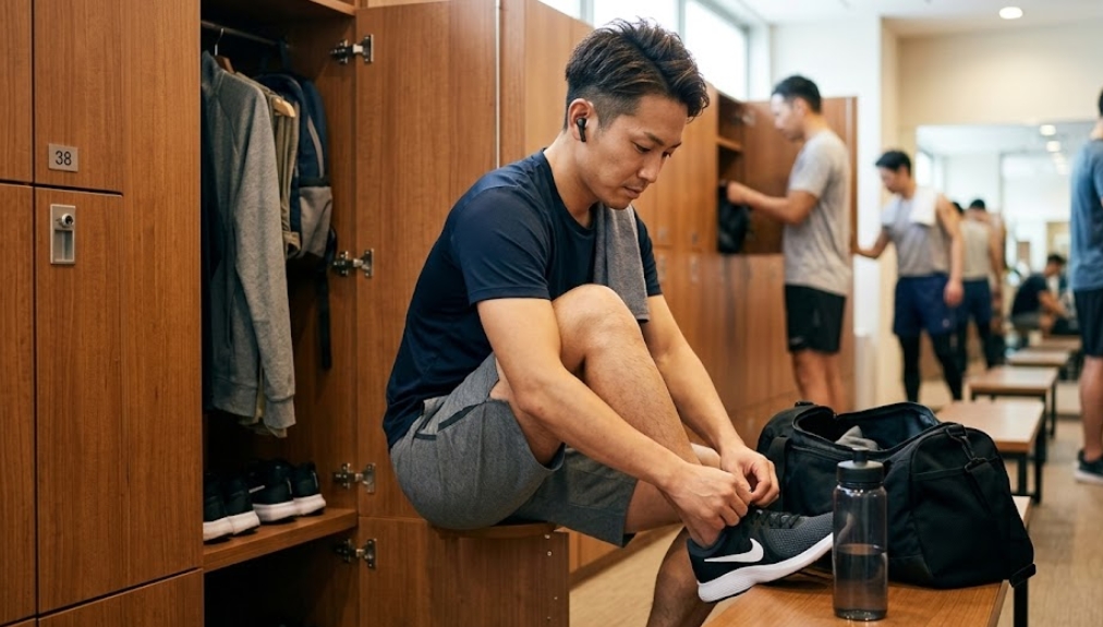 ネイビーのTシャツとグレーのショートパンツを着た若い日本人男性が、ジムのロッカールームのベンチに座り、ナイキのスニーカーの靴紐を締めている。首にはタオルをかけ、ワイヤレスイヤホンをつけている。彼の隣にはジムバッグと水筒があり、背景には他の男性がロッカールームを利用している。