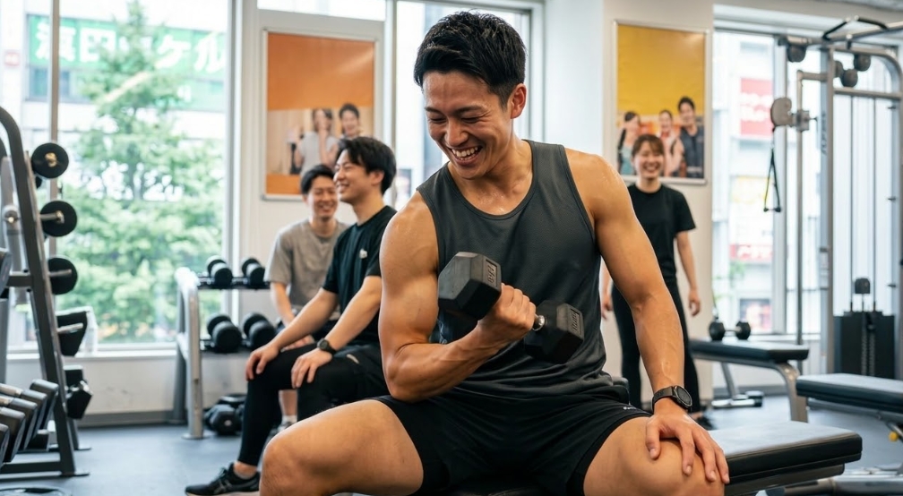 明るいジムで、笑顔の筋肉質な日本人男性がベンチに座り、ダンベルカールをしています。背景にはブランクのポスターがあり、笑顔で彼を見ている他の3人の利用客が座ったり立ったりしています。
