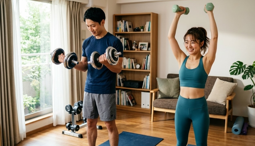 明るいリビングで、青いヨガマットの上に立ち、それぞれ異なるダンベル（男性は金属製、女性はライトグリーン）を使って自宅トレーニングをする、笑顔の日本人男女。男性はバイセップカール、女性はショルダープレスを行っている。背景には本棚、ソファ、観葉植物があり、文字はない。