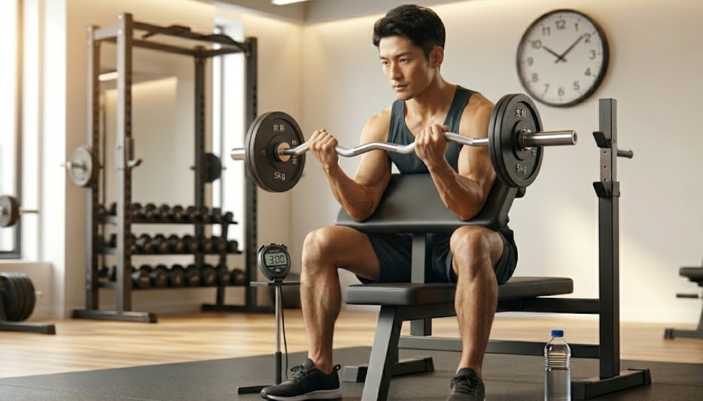 现代的なジムのプリチャーカールベンチに座り、EZバーでアームカール（プリチャーカール）を行う筋肉質な日本人男性トレーニー。彼は真剣な表情。背景にはパワーラック、ダンベルラック、掛け時計が見え、手前には「3:00」を表示するストップウォッチとペットボトルの水が置かれている。