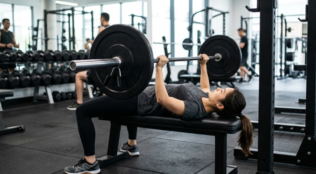 モダンなジムのフラットベンチで、重量プレートをロードしたバーベルをベンチプレスする日本人女性。適切なフォームと集中した表情。背景には他のジムメンバーと設備がぼやけて写っている。