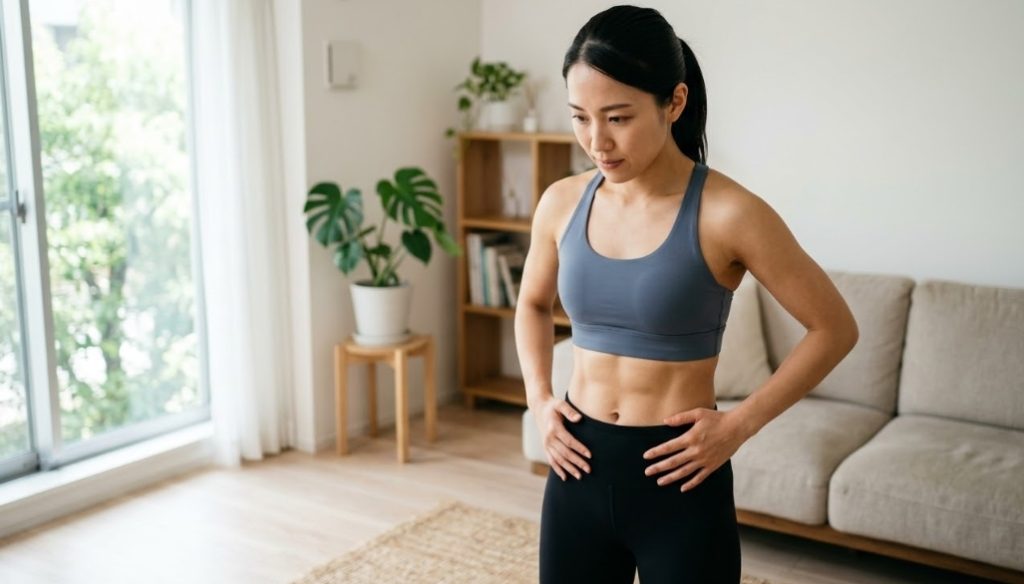 明るい自宅のリビングルームに立つ、グレーのスポーツブラと黒いレギンスを着用したポニーテールの日本人女性。彼女は両手をお腹に当てて下を向き、はっきりと見える腹筋の状態を確認している。左側の窓からは自然光が入り、外の緑が見える。背景にはモンステラの観葉植物やベージュのソファがある。画像内に文字はない。