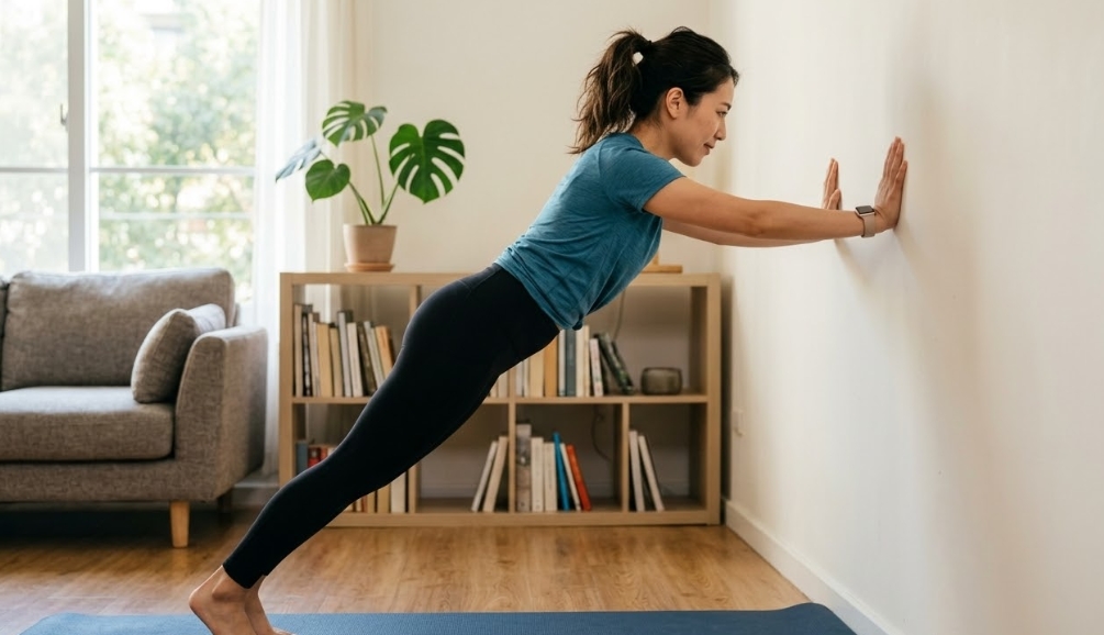 ヨガマットの上に立ち、自宅のリビングルームの壁に向かって壁腕立て伏せ(ウォールプッシュアップ)をする日本人女性。青いTシャツと黒いレギンスを着用。背景にはソファ、観葉植物、本棚がある。明るい自然光。