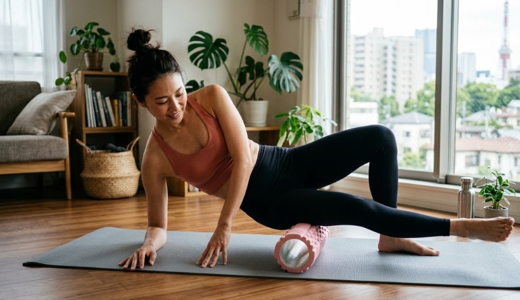 ピンクのスポーツブラと黒いレギンスを着用し、髪をアップにまとめた日本人女性が、明るいアパートのリビングルームでヨガマットの上に横たわり、ピンクのフォームローラーを使って太ももをマッサージしている。左足と右ひじで体を支えている。背景の大きな窓からは、東京タワーが遠くに見える東京の都市景観が広がっており、部屋には観葉植物やソファ、棚がある。