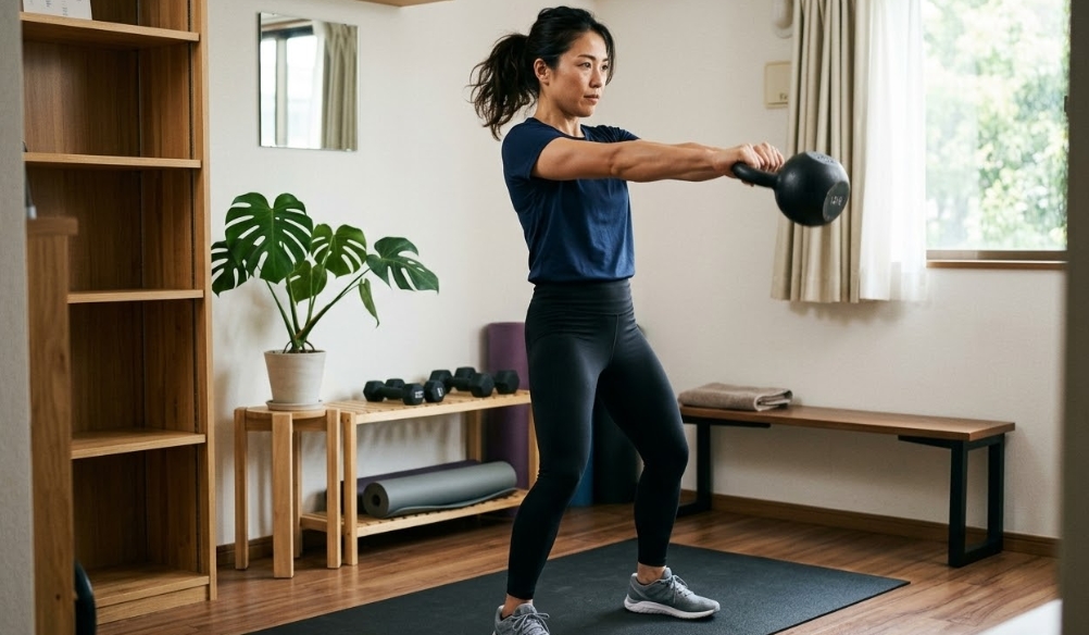 自然光が差し込む明るい自宅のトレーニングスペースで、ネイビーのTシャツと黒いレギンスを着用した30代くらいの日本人女性が、両手で黒いケトルベルを持って前方にスイングしている。彼女は集中した表情で黒いマットの上に立っている。背景には、木製の棚、ダンベル、巻かれたヨガマット、モンステラの鉢植え、鏡、ベンチ、カーテンのかかった窓が見える。
