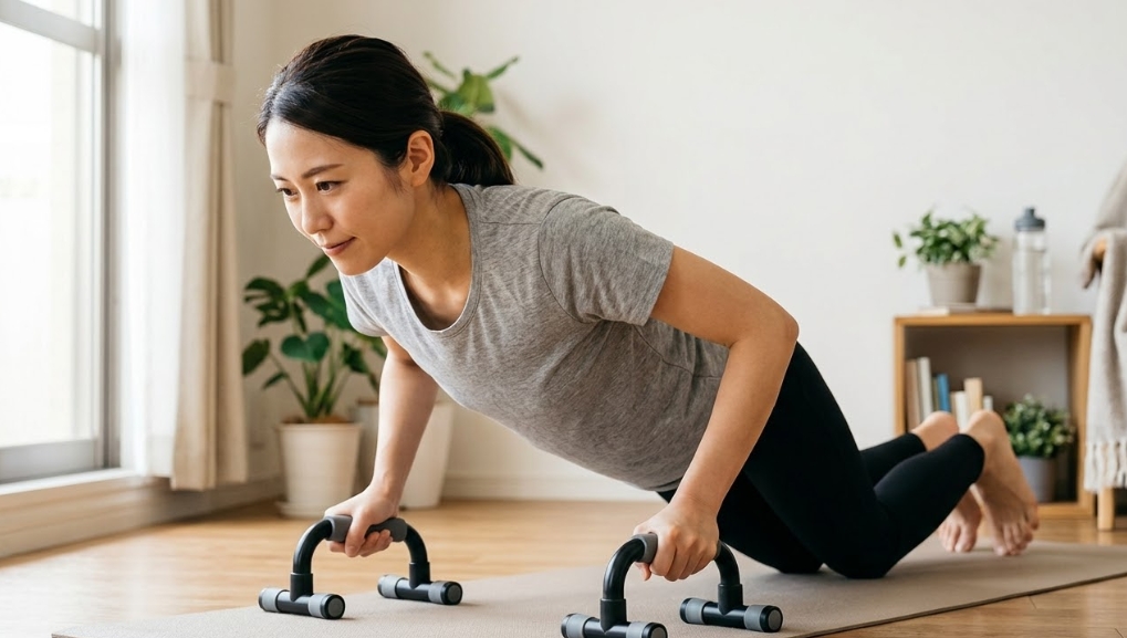 日本人女性が自宅のリビングでヨガマットとプッシュアップバーを使い、正しいフォームで膝をついた腕立て伏せ（ニー・プッシュアップ）を集中して行っている様子