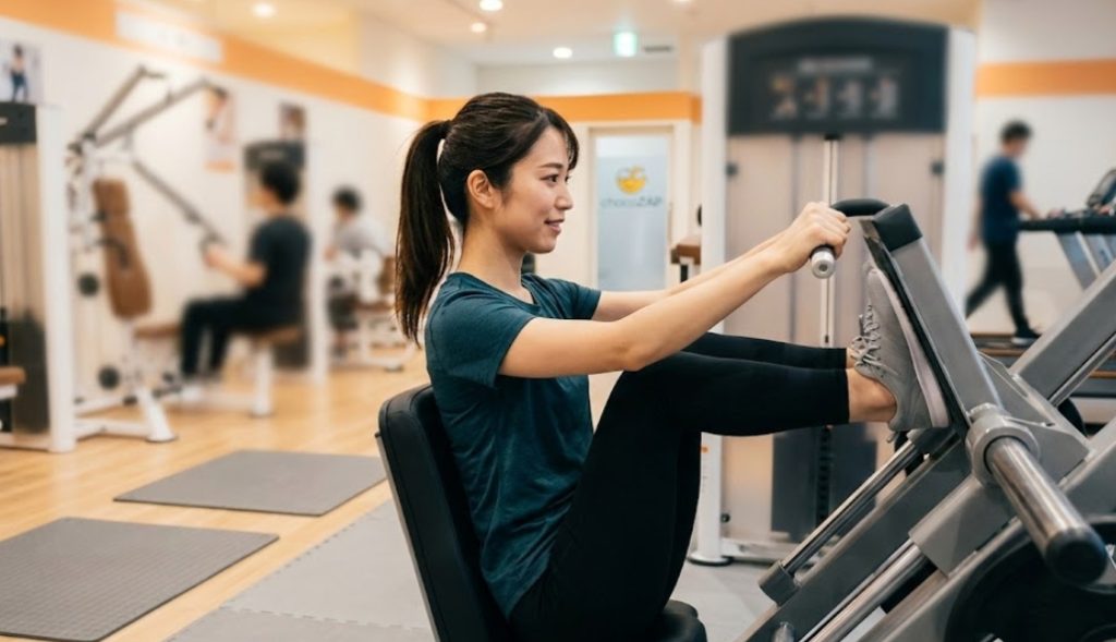 モダンなフィットネスジムで、紺色のTシャツと黒いスパッツを着用したポニーテールの日本人女性が、レッグプレスマシンを使用してトレーニングをしている。集中した表情でマシンを押しており、ぼかされた背景には他の利用者、トレッドミル、チョコザップの特徴的なオレンジと白のインテリアが見える。