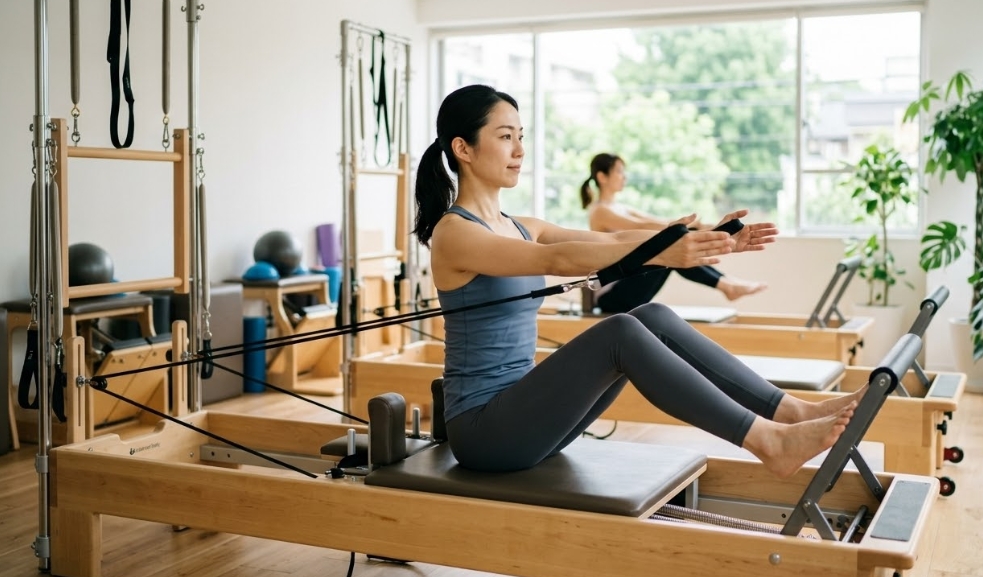 明るく観葉植物が飾られたピラティススタジオで、2人の日本人女性がマシン（リフォーマー）を使ってエクササイズをしています。手前の女性は両手でストラップを引き、集中した表情でトレーニングを行っています。窓からは外の緑が見え、奥にもう1人の女性が同じように運動しています。