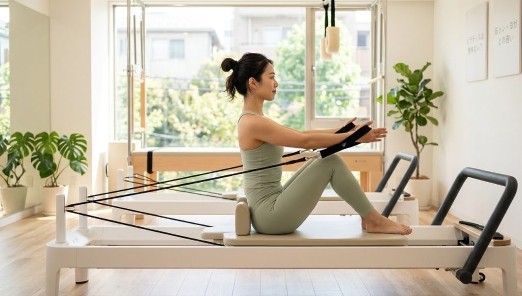 明るい光が差し込むピラティススタジオで、日本人女性がリフォーマーの上で座位のエクササイズをしています。彼女はストラップを持ち、集中して動いています。背景には大きな窓と植物があり、壁には「ピラティスは意味ない？」「筋トレ・ヨガとの違い」「ピラティス 効果と特徴」と書かれたパネルが飾られています。