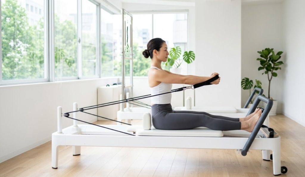 明るいスタジオで、ピラティスのリフォーマー（専用器具）を使って、座った姿勢でストラップを引きながらトレーニングを行っている日本人女性の様子。窓の外には緑が見える。