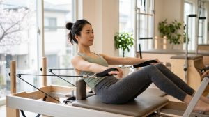 清潔なスタジオにて、ピラティスリフォーマーのストラップを持って集中してエクササイズを行う日本人女性の様子。