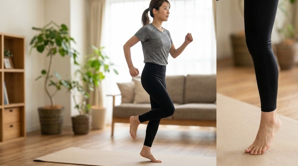 自宅のリビングルームで、ヨガマットの上で日本人女性がその場ジョギングをしている。左側は全身、右側は足元のクローズアップ。女性は裸足で、グレーのTシャツと黒いレギンスを着用。背景にはソファ、観葉植物、木製の棚がある。自然光。