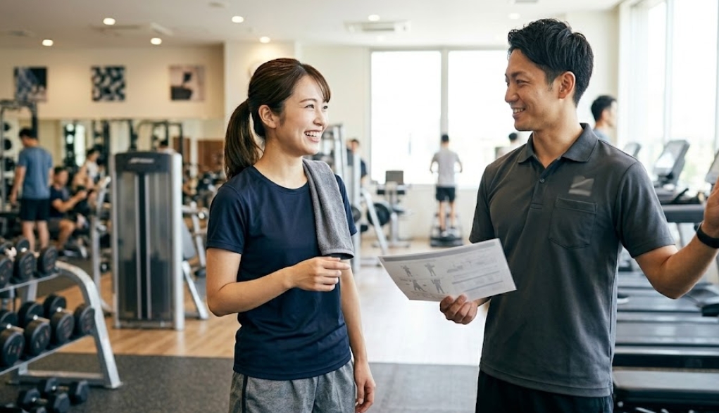 明るいモダンなフィットネスジムで、日本人女性（ネイビーのTシャツ、グレーのショートパンツ、タオルを持つ）が、日本人男性スタッフ（グレーのポロシャツ、トレーニング計画のようなプリントを持つ）と笑顔で話している。背景にはトレーニングマシン、ダンベルラック、トレッドミル、他の利用者が blurred されている。