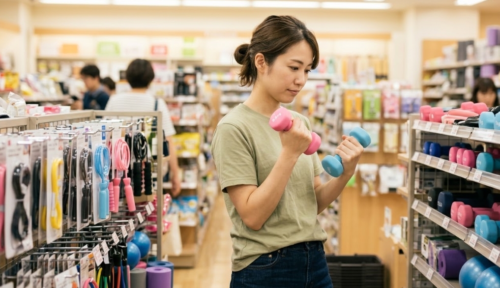 100円ショップのフィットネスコーナーに立つ、オリーブグリーンのTシャツとダークデニムジーンズを着用した20代後半の日本人女性。右手にピンク、左手に水色の小さなプラスチック製ダンベルを持ち、真剣な表情で重さを確認するように持ち上げて見つめている。彼女の前の金属製の棚には、カラフルなダンベル、縄跳び、抵抗バンド、ヨガマット、エクササイズボールなど、安価なフィットネス用品が所狭しと並んでおり、価格タグがあるが判読不能。背景には、他の買い物客や多様な商品が並ぶぼやけた店内の通路が見えるが、特定のロゴ、ブランド名、判読可能な日本語テキストはない。ライティングは日本の小売店に典型的な暖かく均一な蛍光灯。女性は右寄りに配置され、カメラはアイレベルで自然にその瞬間を捉えている。浅い被写界深度により、女性とダンベルは鮮明、背景は柔らかくぼやけている。画像全体、パッケージ、背景の看板に文字、文字、ロゴはない。