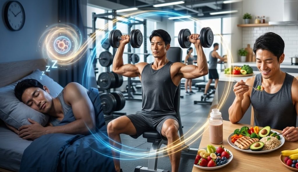 3つのパネルで構成された、健康的なライフスタイルを象徴するコラージュ画像。左側は暗い寝室でベッドに横たわり深く眠っているアジア人男性を描き、彼の上には「z Z Z」の文字と、脳や細胞の再生を象徴する光るホログラムが浮かんでいます。中央は明るいジムでベンチに座り、筋肉質な上半身裸のアジア人男性が重いダンベルを肩の上まで持ち上げています。右側は、焼き魚、ブロッコリー、アボカド、玄米、果物、プロテインシェイクが並んだ健康的な食事を食べている同じ男性です。3つのシーンは、筋肉の発達と回復を象徴する光る青と金のラインでつながれています。