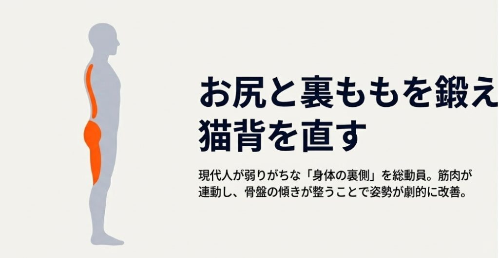 現代人が弱りがちな身体の裏側（ポステリアチェーン）を総動員し、骨盤の傾きを整えて姿勢を改善する効果
