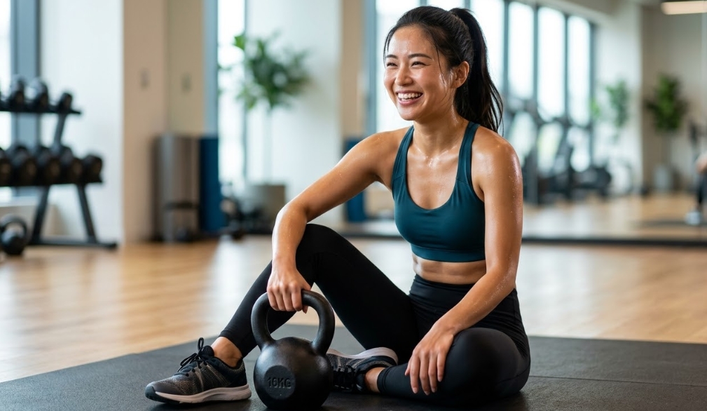 明るいジムで100回ケトルベルスイングを達成し、マットの上で爽やかに笑う健康的な日本人女性。16kgのケトルベルが隣に置かれ、フィットネスの成果と喜びを表している。