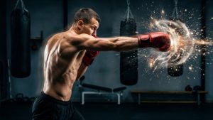 トレーニングジムで、赤いグローブをつけた男性ボクサーが爆発的なパンチを放つ瞬間。筋トレによるパンチ力向上を象徴するダイナミックな一枚。