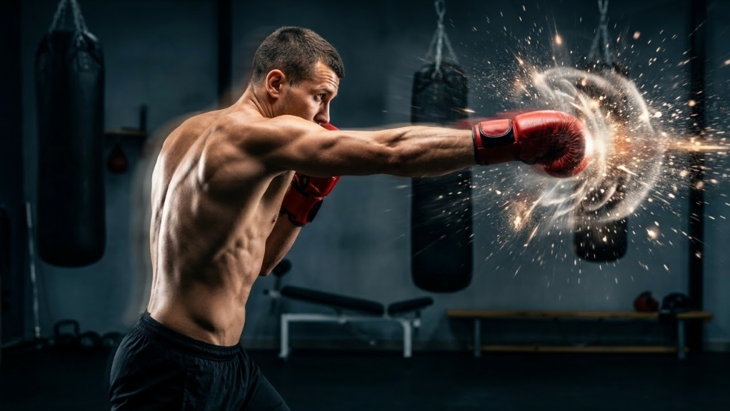 トレーニングジムで、赤いグローブをつけた男性ボクサーが爆発的なパンチを放つ瞬間。筋トレによるパンチ力向上を象徴するダイナミックな一枚。
