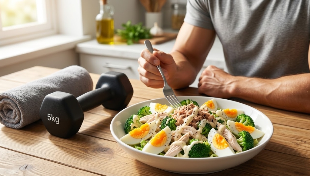 自然光が差し込む木のテーブルの上に、筋トレ後の栄養補給をイメージした食事が盛られている。ボウルには、ゆで卵、鶏むね肉、ブロッコリー、ツナ、マヨネーズが混ざった健康的なサラダが盛られ、フォークを持った人が食べようとしている。横には黒い5kgのダンベルとグレーのタオルが置かれている。背景は明るく、キッチンがぼかされている。