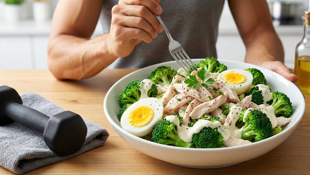 筋トレと健康的な食事をイメージしたアイキャッチ画像。白和えのマヨネーズサラダ(ゆで卵、鶏むね肉、ブロッコリー)が盛られたボウルと、横に置かれたダンベルとタオル。自然光が差し込む木のテーブルの上にあり、手前にフォークを持って食べようとする人の腕が少し見える。文字なし