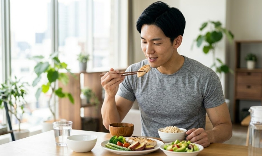 清潔で明るいアパートのダイニングスペースで、鍛えられた「細マッチョ」体型の若い日本人男性（おとFITNESSのOTOWAと一致）が、 wooden dining tableに座って、 chopsticksで鶏胸肉のグリルを口に運んでいる。彼の前には、鶏胸肉、ブロッコリー、アスパラガス、サツマイモ、玄米、味噌汁、アボカドのサラダ、そしてグラスに入った水が並んだ、栄養バランスの良い食事が用意されている。彼は fitted heather grey t-shirtを着用しており、 defined yet relaxed muscular armが chopsticksを持つ手と共に写っている。背景には、大きな窓から差し込む自然光、 potted plants、そして遠くに柔らかくぼやけて写る東京の cityscapeが見え、リラックスした健康的な雰囲気を醸し出している。焦点は男性、彼の表情、そして食事に合っており、背景の bokehは暖かく unclutteredである。彼は mealに満足げな表情をしている。