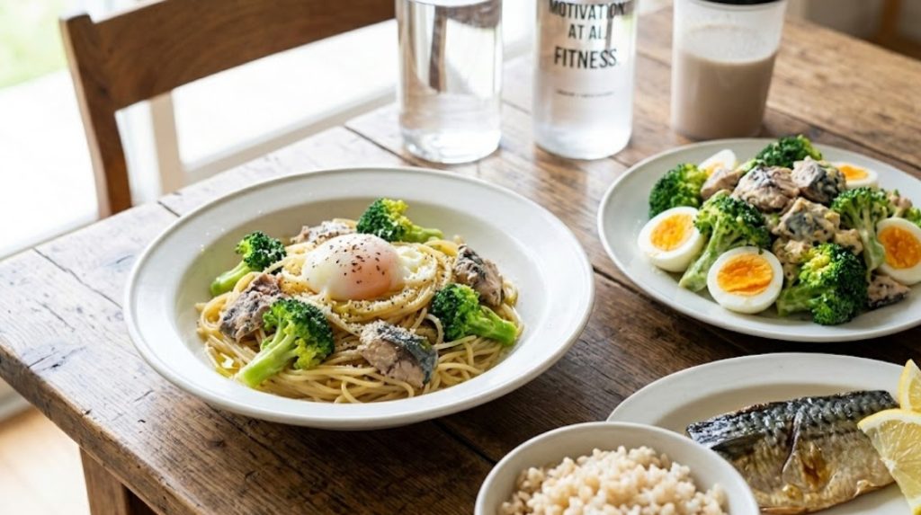 木製テーブルに並べられた、筋トレに最適なサバ缶アレンジレシピの料理。手前にサバとブロッコリーの和風パスタ、奥にサバと卵のサラダ、右に焼きサバと玄米、そして奥にはプロテインシェイカーと「END THE MOTIVATION AT ALL FITNESS」と書かれた水筒がある。