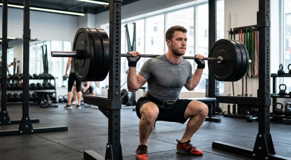 設備の整ったモダンなジムで、グレーのTシャツ、黒いショートパンツ、ウェイトリフティングベルト、赤いリフティングシューズを着用した男性が、パワーラックの中でバーベルスクワットを行い、深くしゃがみ込んだ姿勢をとっている。背景には他のジム利用者がぼんやりと見え、窓やダンベル、ケトルベルが配置されている。
