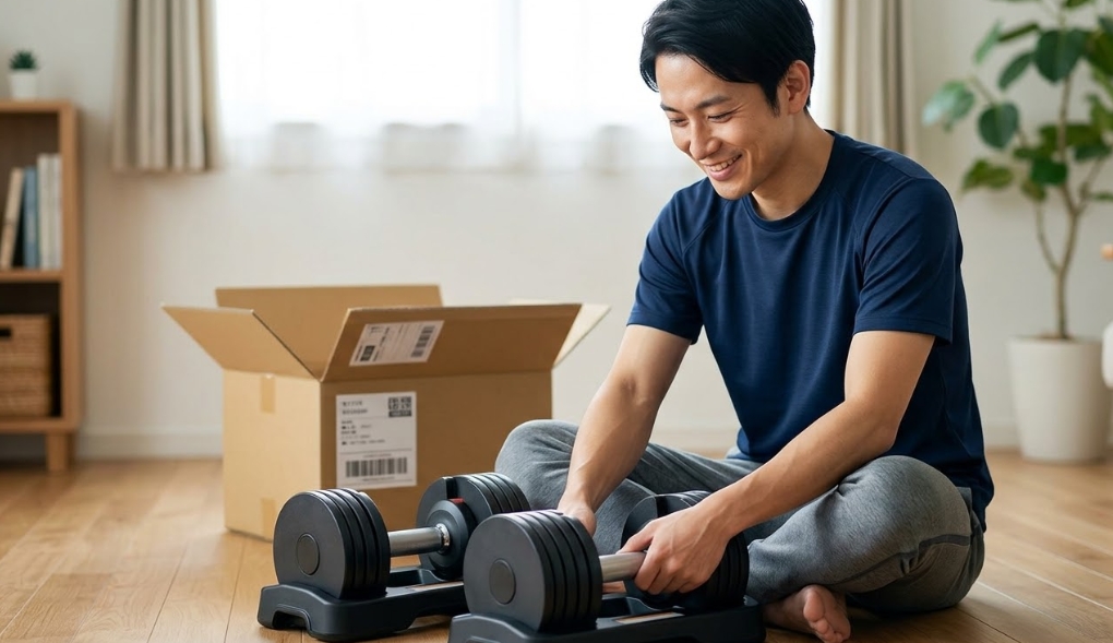 自宅のリビングで、ネット通販で届いた可変式ダンベルを調整し、満足げな表情の日本人男性。背景に段ボール箱。