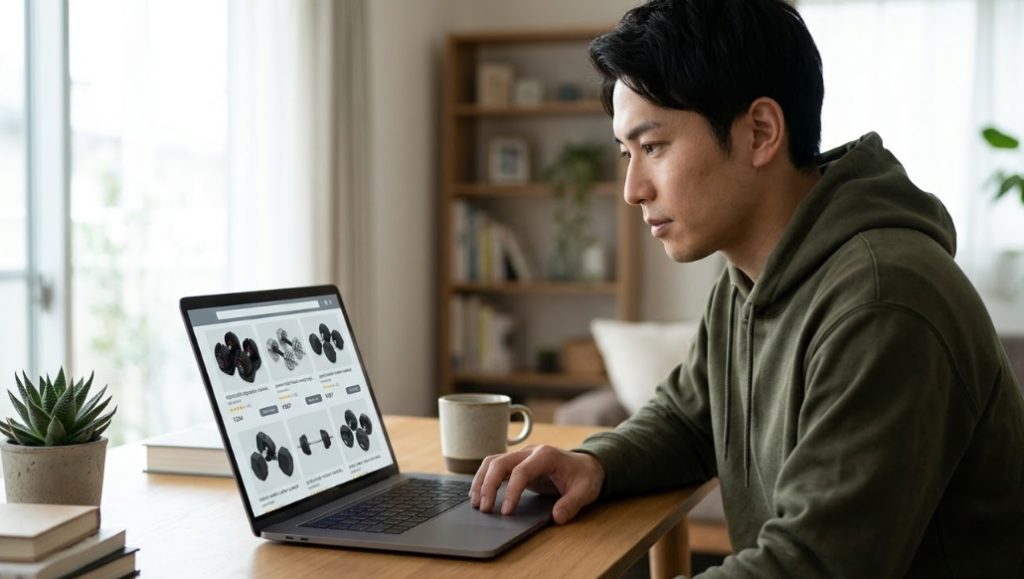 カーキ色のパーカーを着た日本人男性が、自宅の木目調デスクに座り、ノートパソコンの画面を見ながらネット通販でダンベルを選んでいる。画面には様々な種類のダンベルの商品画像が表示されているが、テキストは判読不能。デスクにはマグカップ、鉢植えのサボテン、本が置かれ、背景には本棚と窓、観葉植物が見える自然光の入る空間。