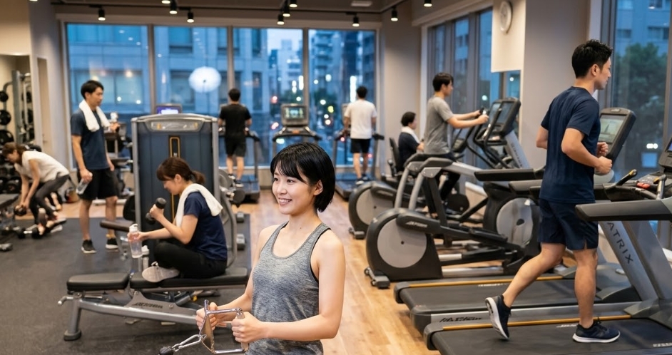 大きな窓から港区の夜景が見える広々としたエニタイムフィットネスのジム内。手前では笑顔の日本人女性がシーテッドロウ(ケーブルマシン)をしており、その右隣ではMATRIXと書かれたトレッドミルを日本人男性が走っている。奥にはダンベルを上げる女性や他のメンバーがそれぞれのトレーニングをしており、快適で活気のある雰囲気。